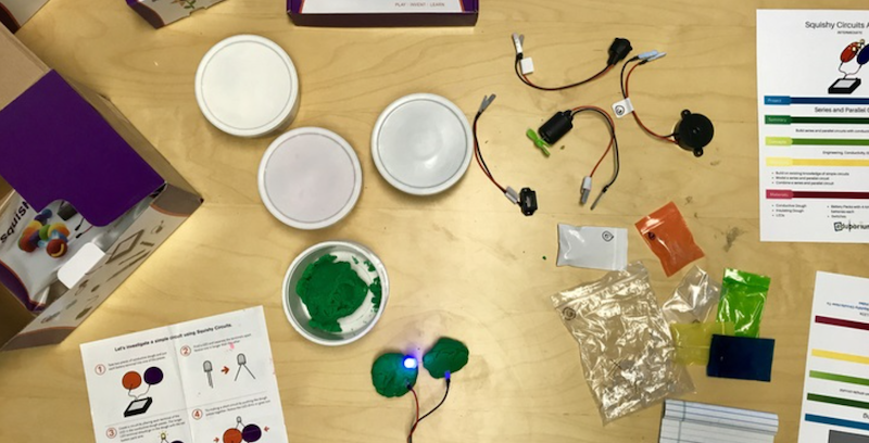 the squishy circuits and accessories spread out on a classroom table