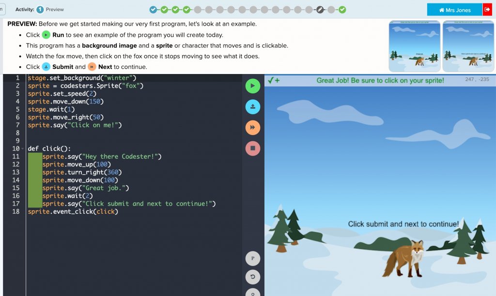 a learn-to-code activity for students on the Codesters learning platform