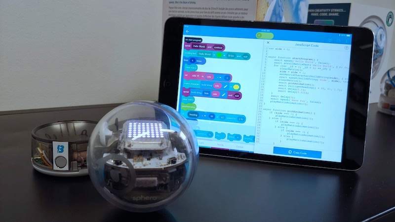 the sphero bolt robot and a tablet screen for coding