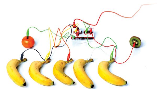 the makey makey board connected to pieces of fruit
