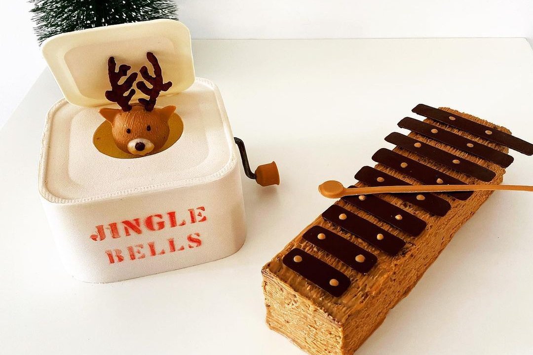 A chocolate reindeer music box and xylophone made with Mayku FormBox molds